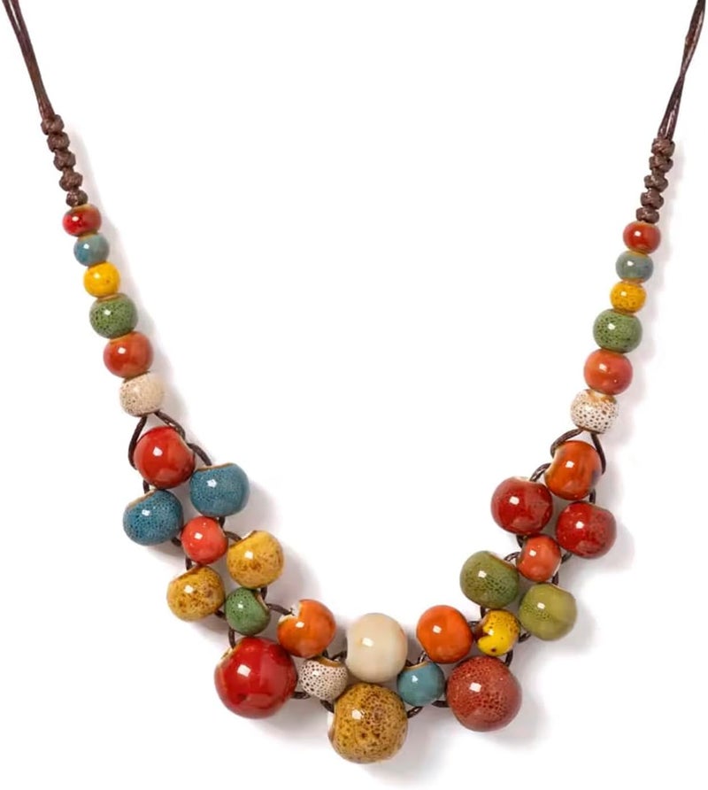 KURTCB Boho Hippie Ceramic Beaded Necklace for Women Statement Chunky Bohemian Fall Colorful Beads Strand Summer Necklace - Image 1
